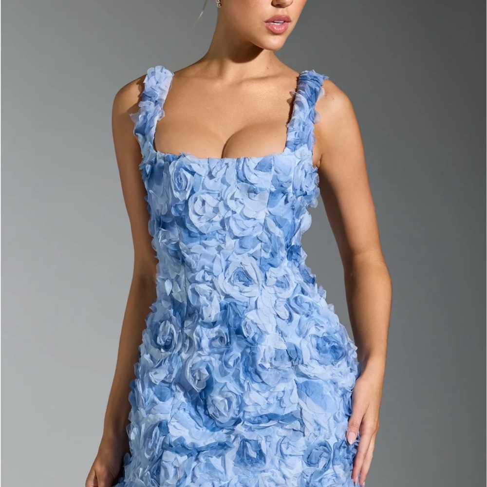 Oh Polly Powder Blue 3D Floral Mini Dress - Picture 3 of 9